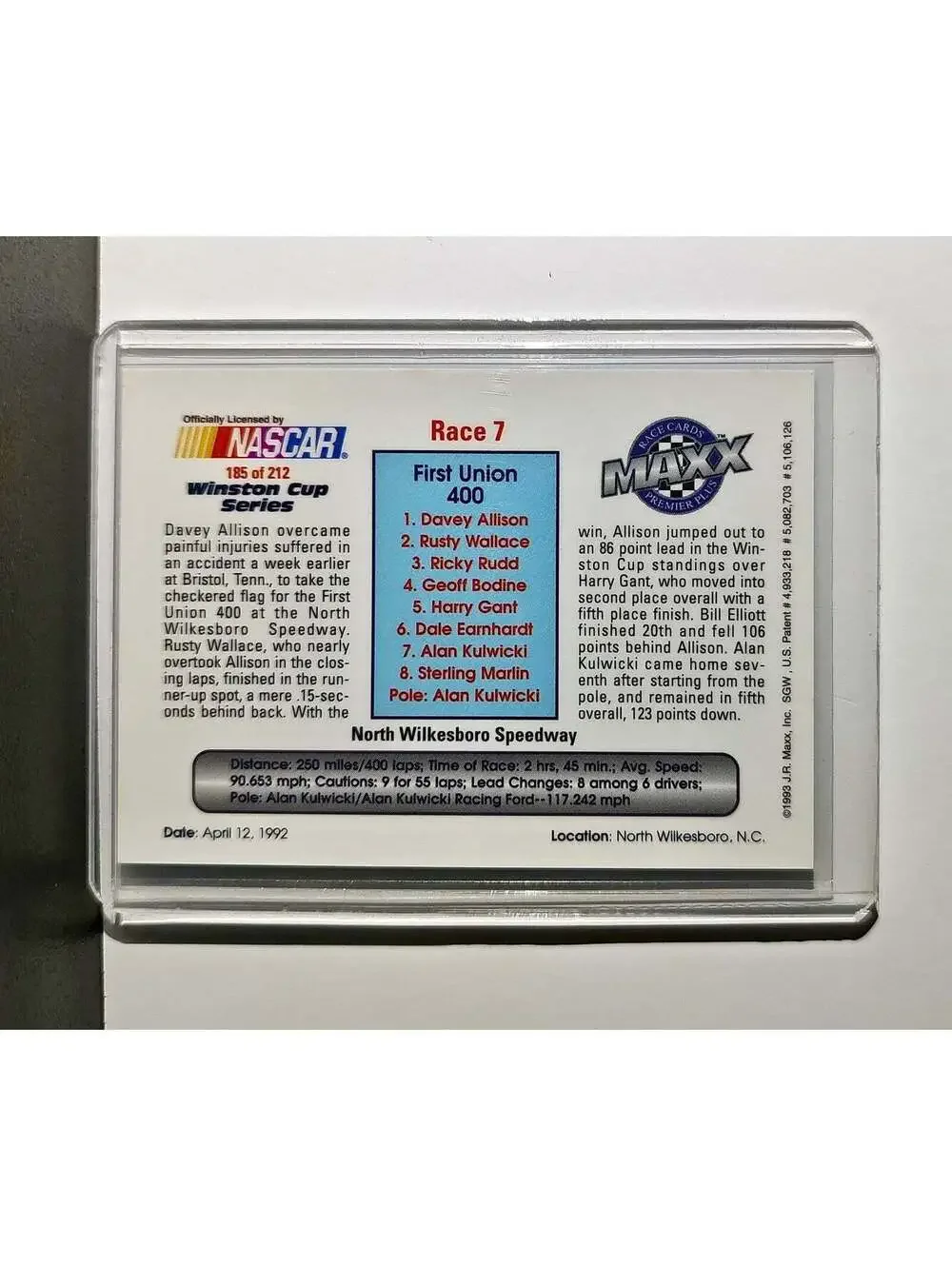 Race 7 North Wilkesboro YR 1993 Maxx Premier Plus Racing #185 NASCAR Card